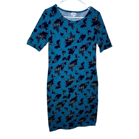 LuLaRoe Globe World Map Blue Julia Dress Size Medium - Picture 7 of 7
